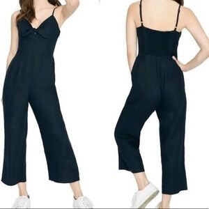 Sanctuary Black Linen cropped Jumpsuit Tie front size 4 Anthropologie Straight